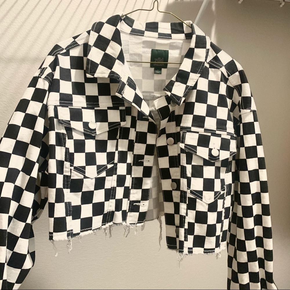 Cropped Black & White Checkered Denim Jacket